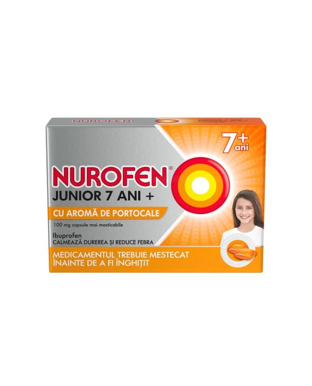Nurofen Junior 7 ani + cu aromă de portocale 100 mg, 24 capsule moi